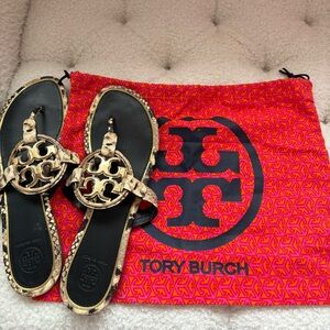 Tory Burch Black and tan snakeskin miller flip flops size size 8